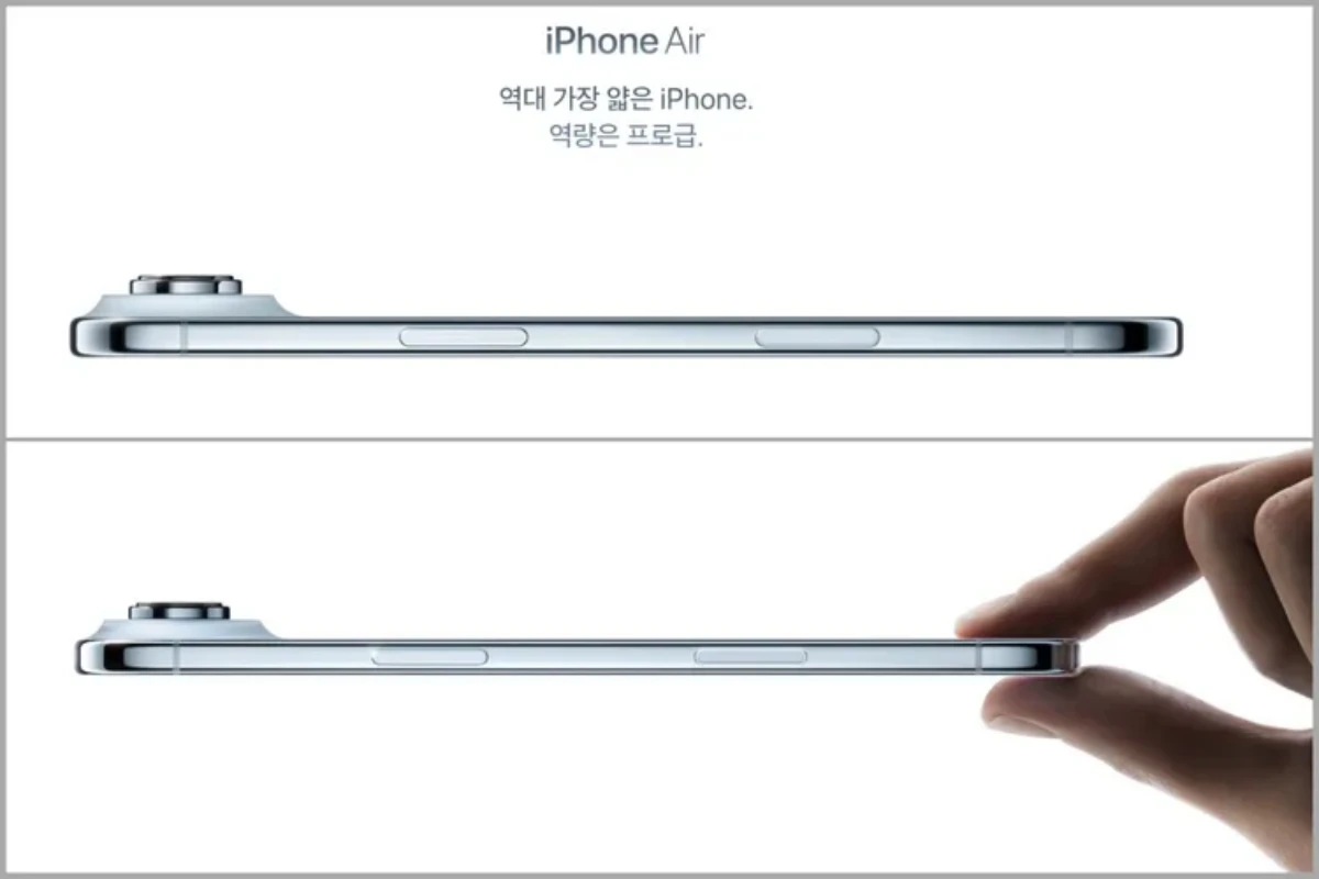 2025년 애플이 공개한 아이폰 에어 홍보 이미지. 한국 홈페이지(위)에는 제품을 잡고 있는 손가락이 없지만, 해외 홈페이지(아래)에는 엄지와 검지로 제품을 집어 든 모습이 등장한다. / 애플 공식 홈페이지 캡처