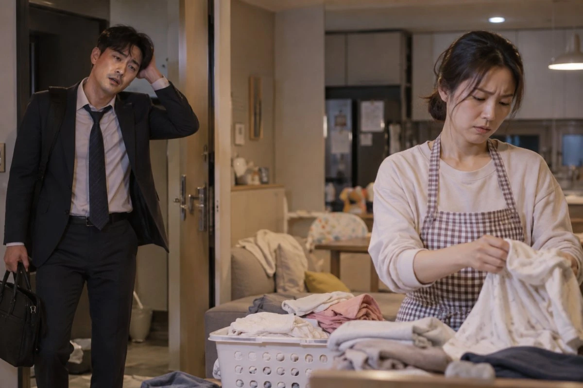 일하고 돌아온 남성과 가사일을 하는 아내. 기사 이해를 돕기 위해 AI툴로 생성한 자료사진.