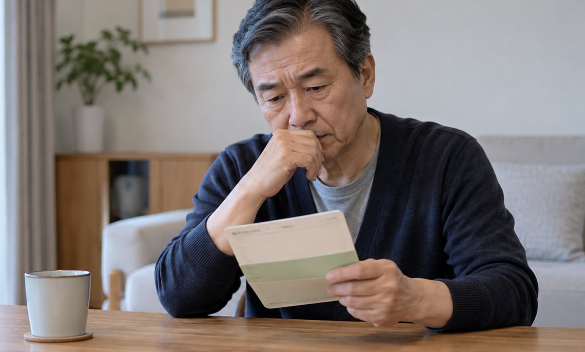 퇴직 후 통장을 보며 고민하는 표정의 남성. 기사 이해를 돕기 위해 AI툴로 생성한 자료사진.