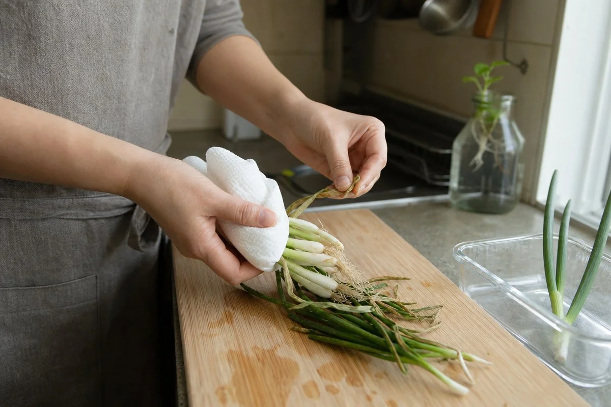 도마 위에서 흰 천으로 쪽파 뿌리 부분을 감싸는 모습 — AI로 생성한 자료 이미지