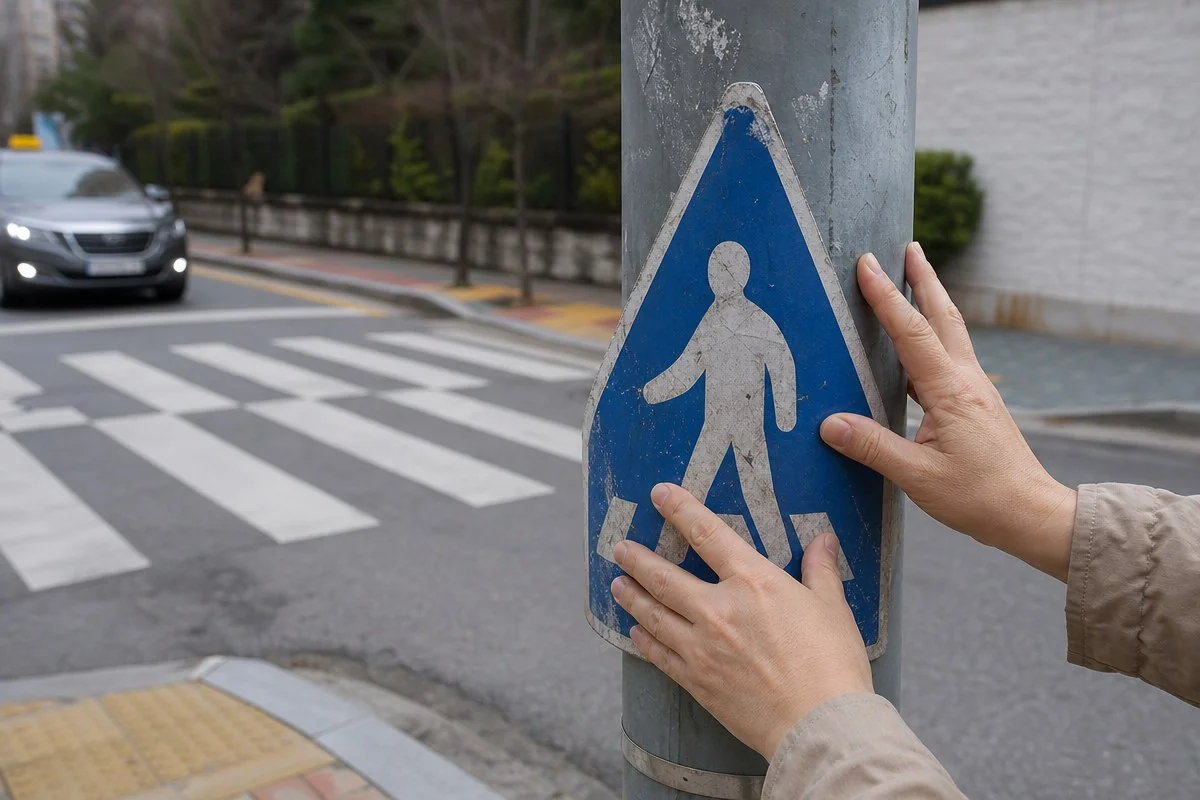 차량이 보이는 횡단보도 표지판 기둥을 양손으로 만지는 모습 — 이해를 돕는 AI 자료 이미지