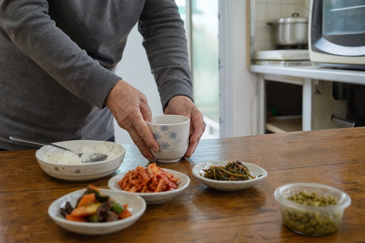 나무 식탁 앞에서 국그릇과 반찬 사이에 찻잔을 내려놓는 모습 — AI 자료 이미지