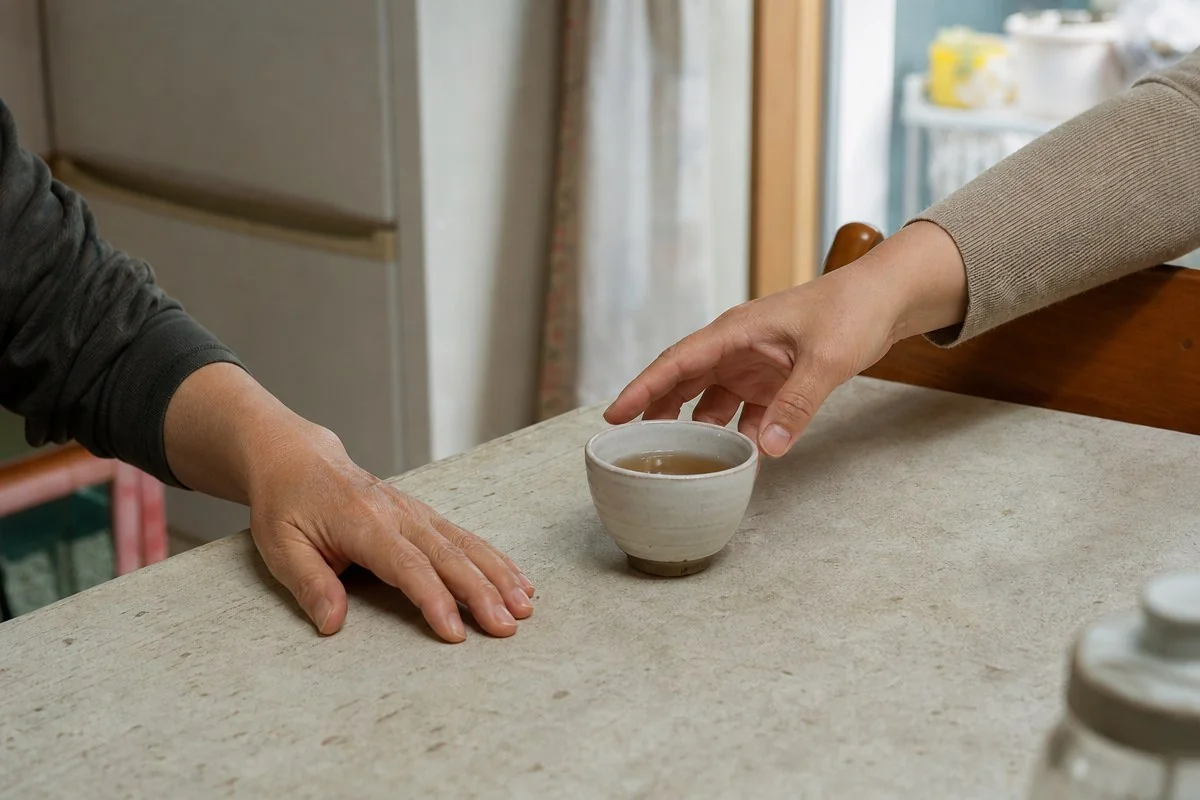 밝은 상판 위 찻잔을 사이에 두고 손을 마주 뻗은 모습 — 이해를 돕는 AI 자료 이미지