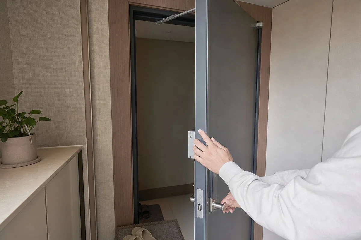 실내 현관에서 한 사람이 회색 출입문을 양손으로 여는 모습 — AI 자료 이미지