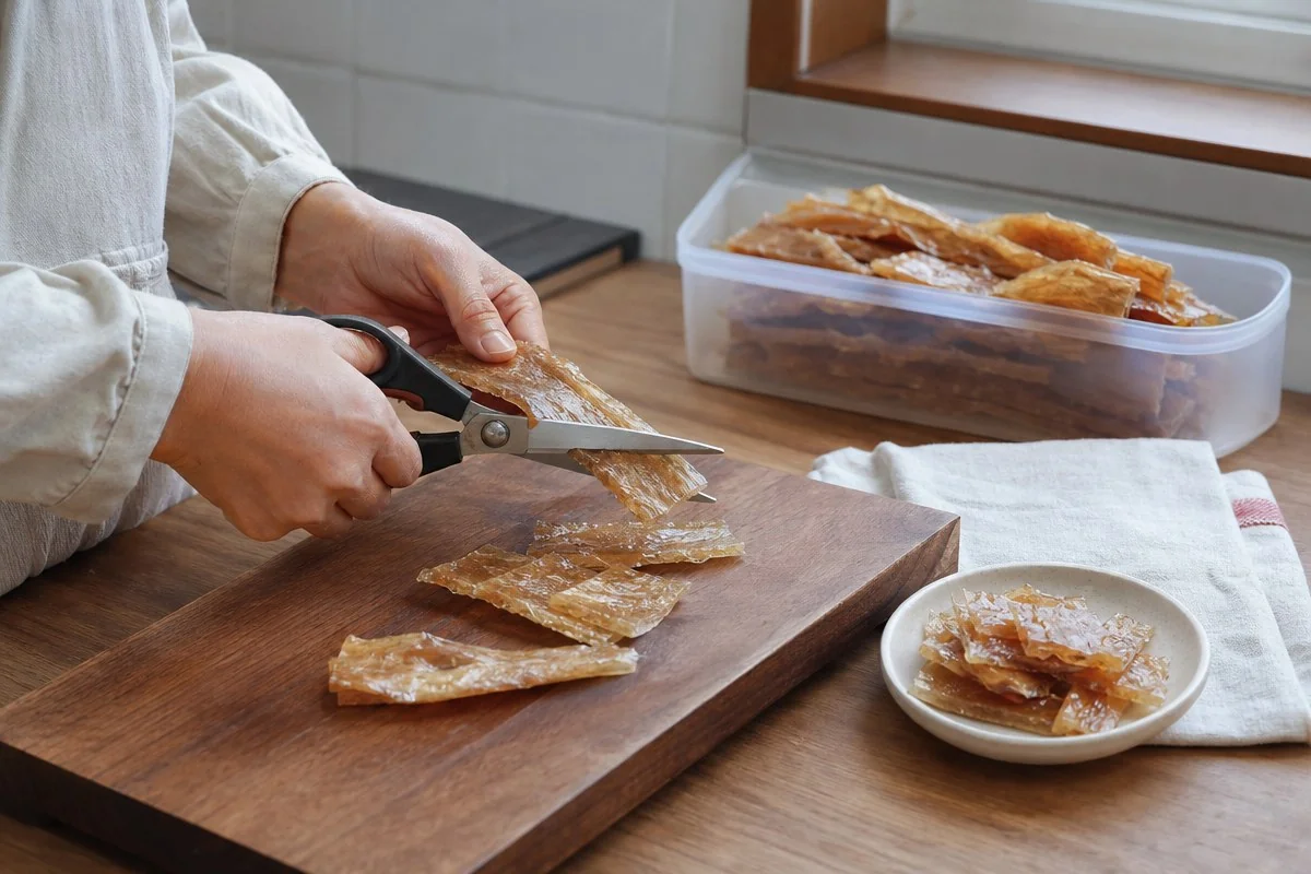 도마 위에서 가위로 말린 생선을 자르고 밀폐용기에 담아둔 모습 — AI로 생성한 자료 이미지
