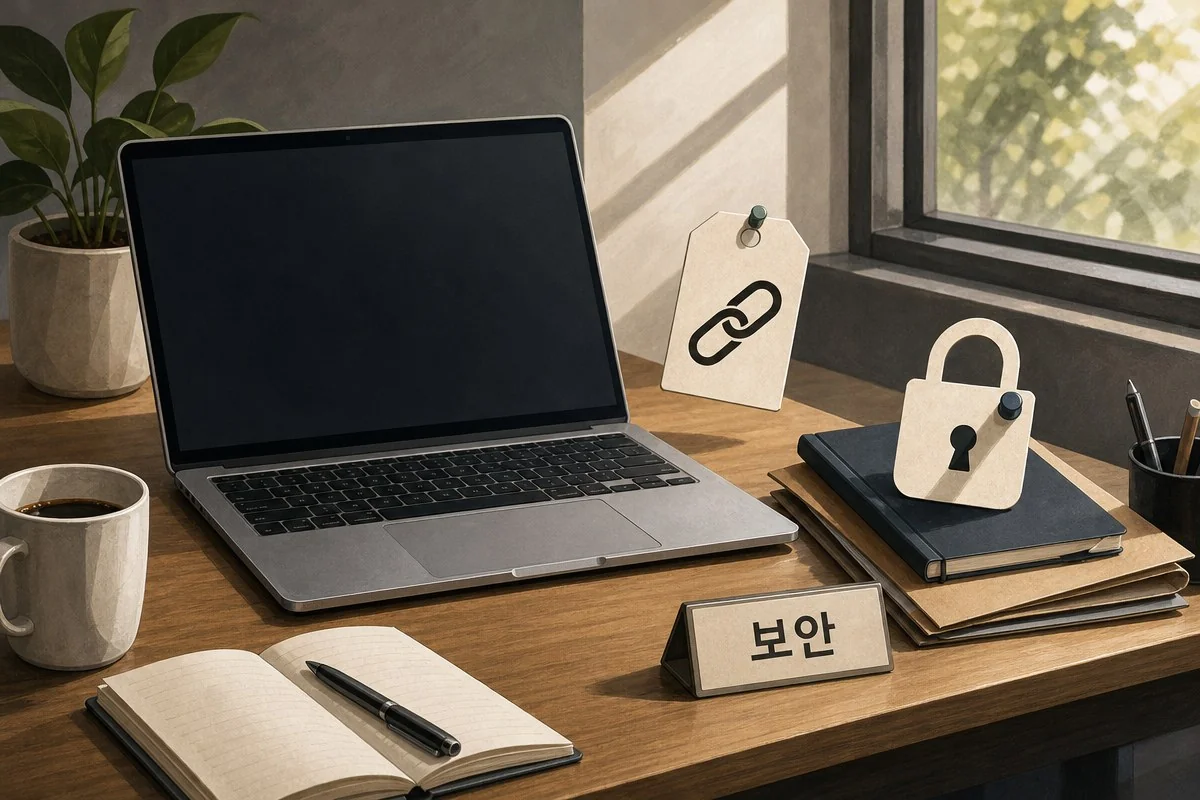 노트북과 연결고리 표지, 자물쇠 그림이 놓인 책상 위 보안 안내판 — AI로 생성한 자료 이미지