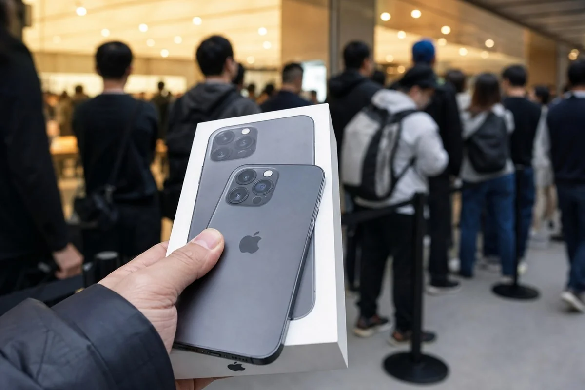 매장 대기줄 앞에서 스마트폰 두 대가 담긴 상자를 들고 있는 모습 — AI 자료 이미지