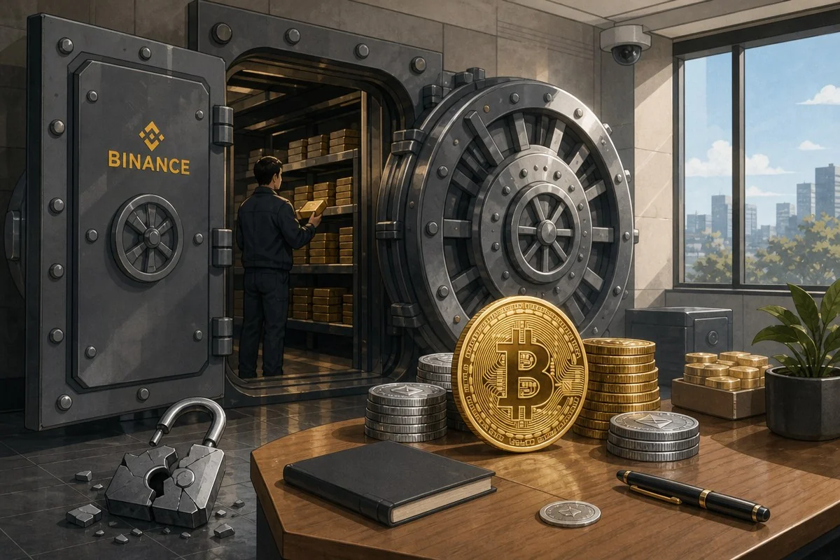 대형 금고 앞 나무 탁자에 비트코인 모형과 여러 금화가 놓인 모습 — AI 자료 이미지